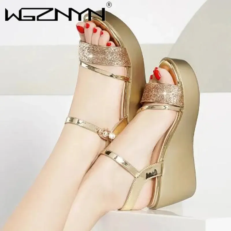 Gold Thick Sole High Heels Shoes