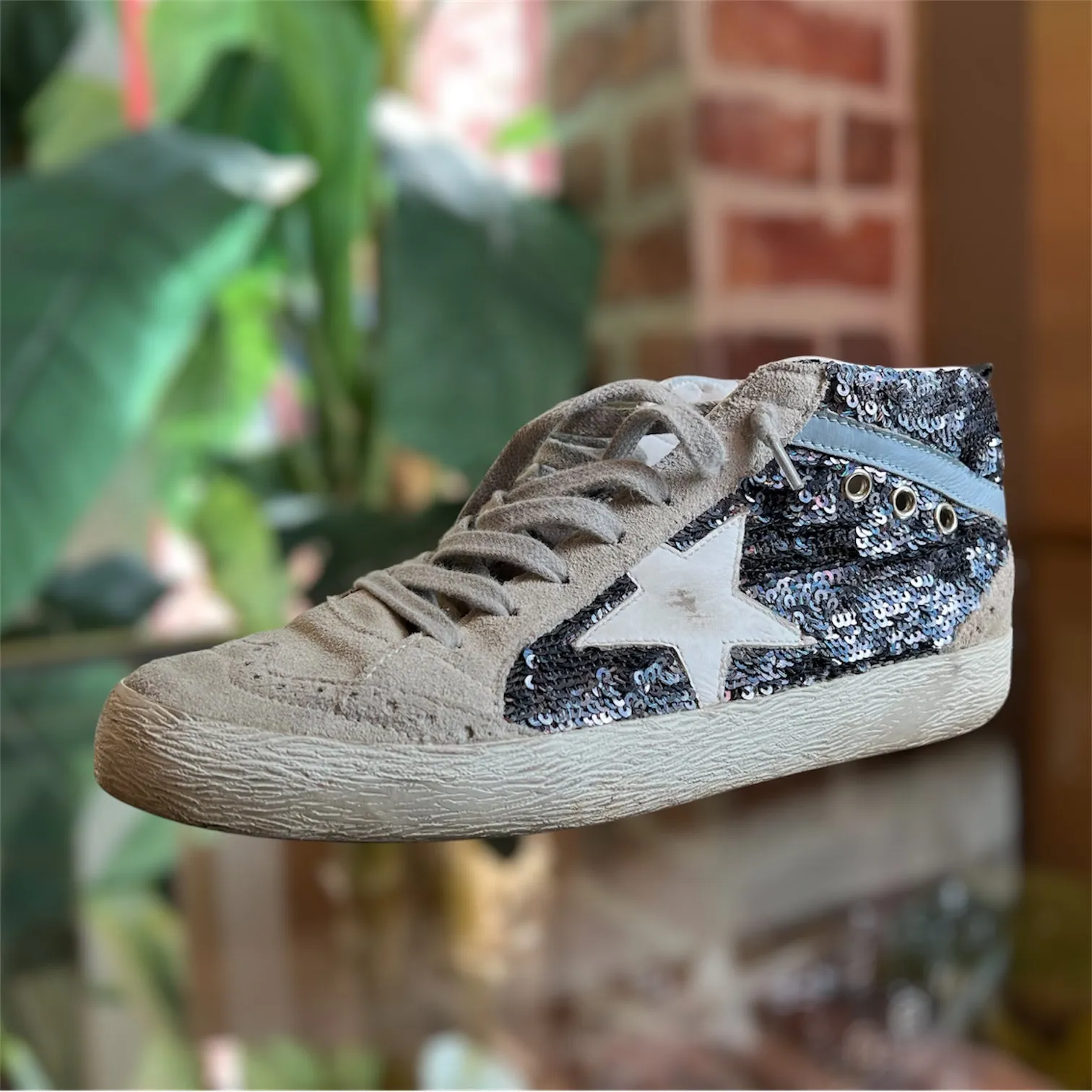 GOLDEN GOOSE Midstar Gray Silver Mulitcolor Sequin Suede Lace Up Sneakers SZ38(8US)
