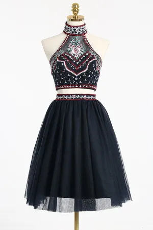 High Neck Beading 2 Pieces Short Backless Homecoming Dress 2 Pieces Prom Dress OK280