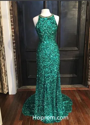 High Neck Teal Sparkle Sequins Prom Dresses Evening Dresses
