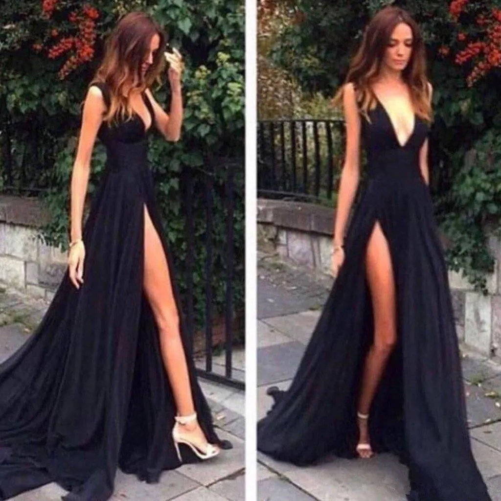 High Slit Black Deep V Neck Spaghetti Straps Prom Dresses 2020 Long Evening Dresses
