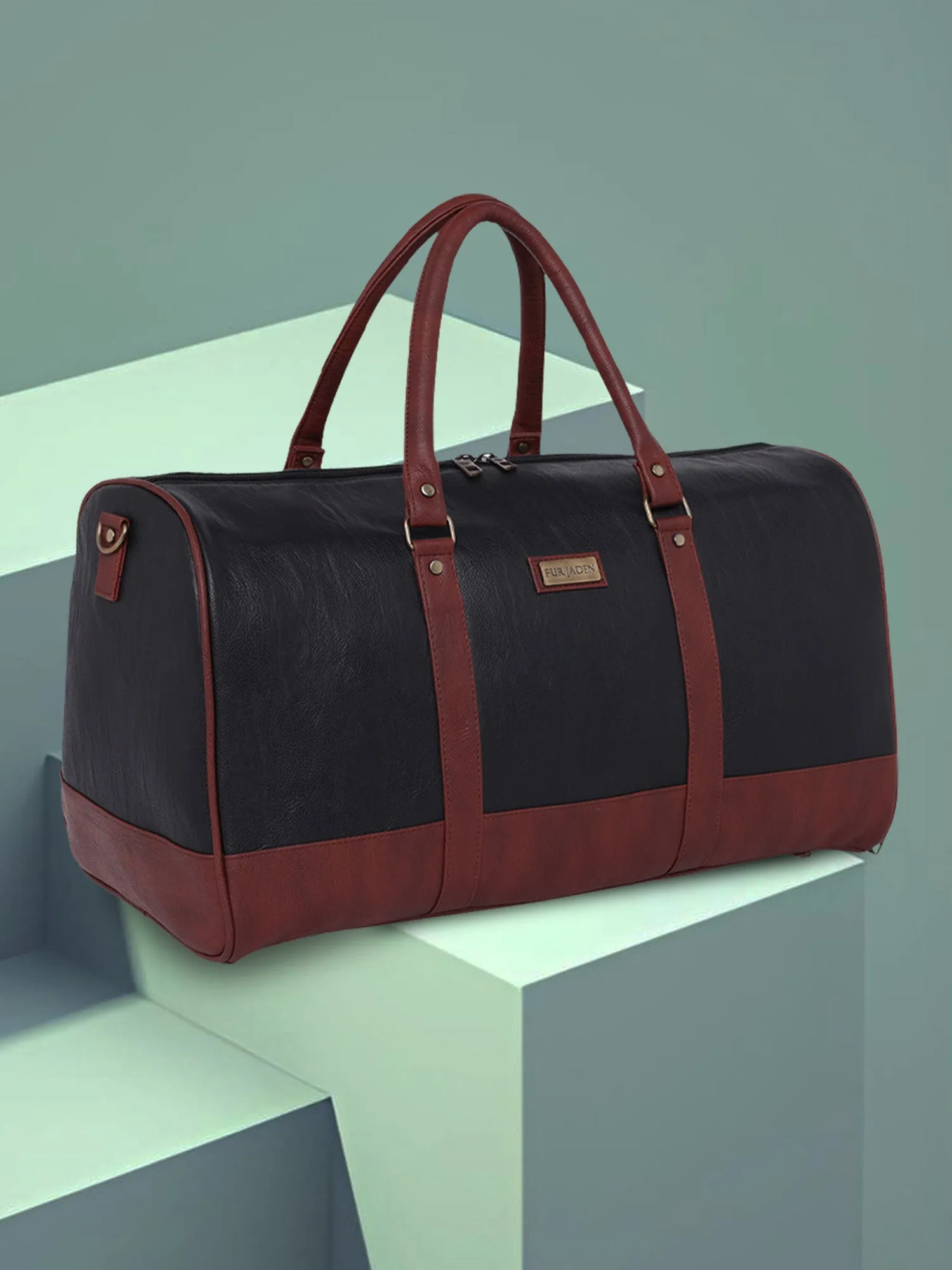 Ink Black Vegan Leather Travel Duffle Bag With External Shoe Pocket