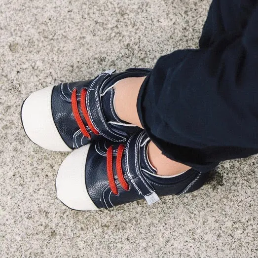 Jack & Lily White and Navy Leather with Red Laces Baby Boy Sneakers : Sizes 0m to 36m