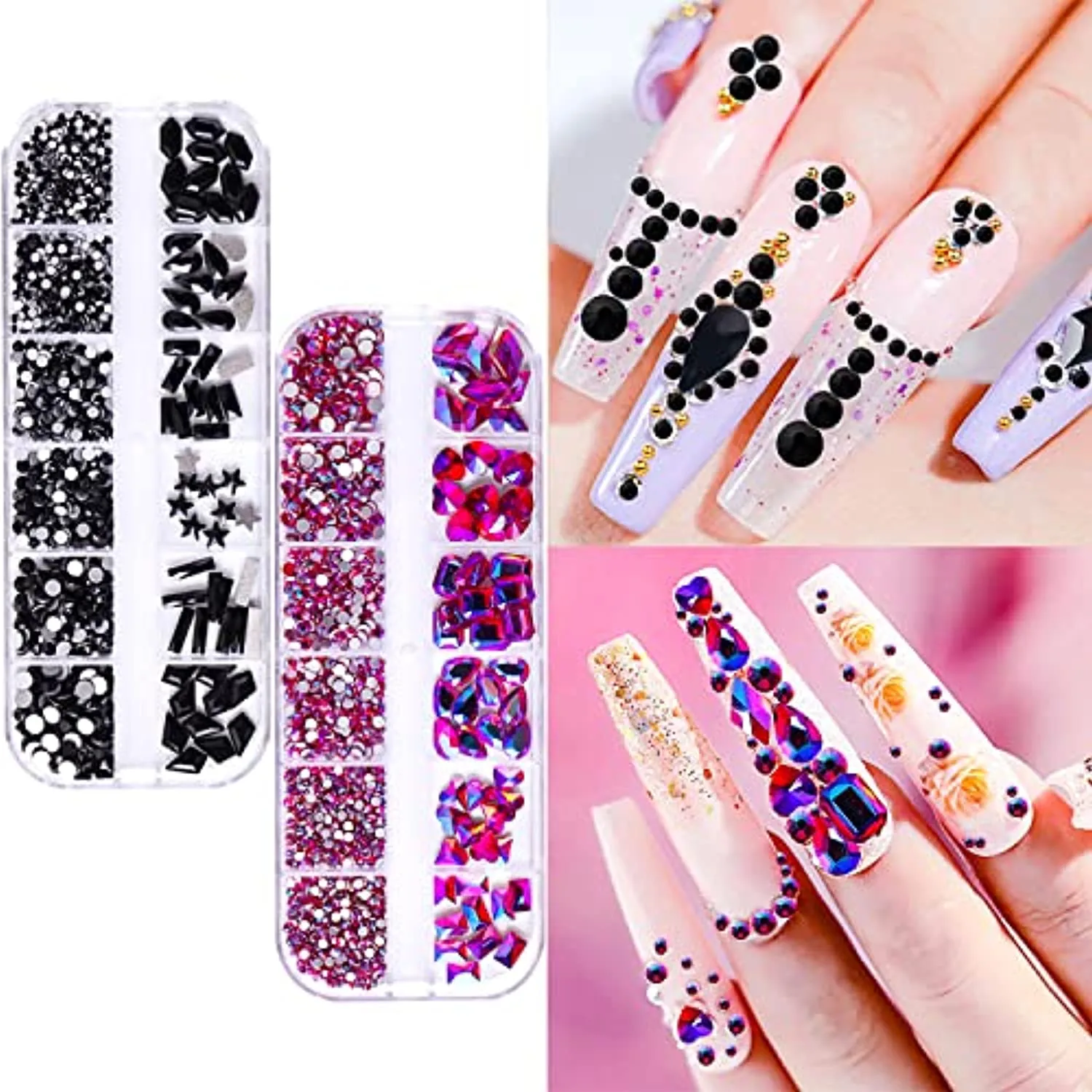 JERCLITY 2430pcs Flat Back Pink Nail Rhinestones Yellow Nail Rhinestones Black Nail Rhinestones for Nails Round Beads Crystals Gems Stones Multi Shapes Sizes Nail Rhinestones for Acrylic Nail Face Art