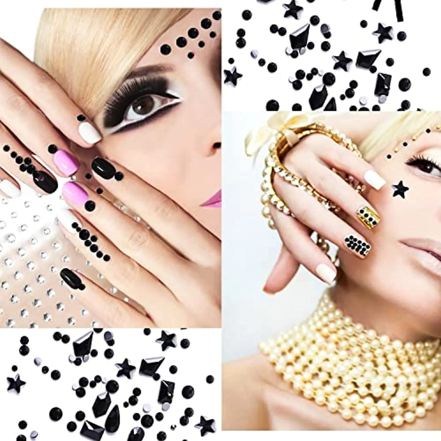 JERCLITY 2430pcs Flat Back Pink Nail Rhinestones Yellow Nail Rhinestones Black Nail Rhinestones for Nails Round Beads Crystals Gems Stones Multi Shapes Sizes Nail Rhinestones for Acrylic Nail Face Art