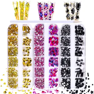JERCLITY 2430pcs Flat Back Pink Nail Rhinestones Yellow Nail Rhinestones Black Nail Rhinestones for Nails Round Beads Crystals Gems Stones Multi Shapes Sizes Nail Rhinestones for Acrylic Nail Face Art