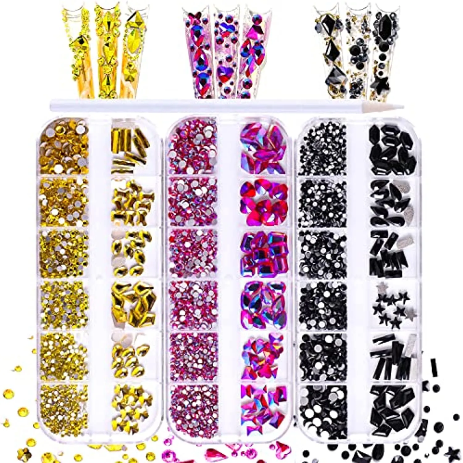 JERCLITY 2430pcs Flat Back Pink Nail Rhinestones Yellow Nail Rhinestones Black Nail Rhinestones for Nails Round Beads Crystals Gems Stones Multi Shapes Sizes Nail Rhinestones for Acrylic Nail Face Art