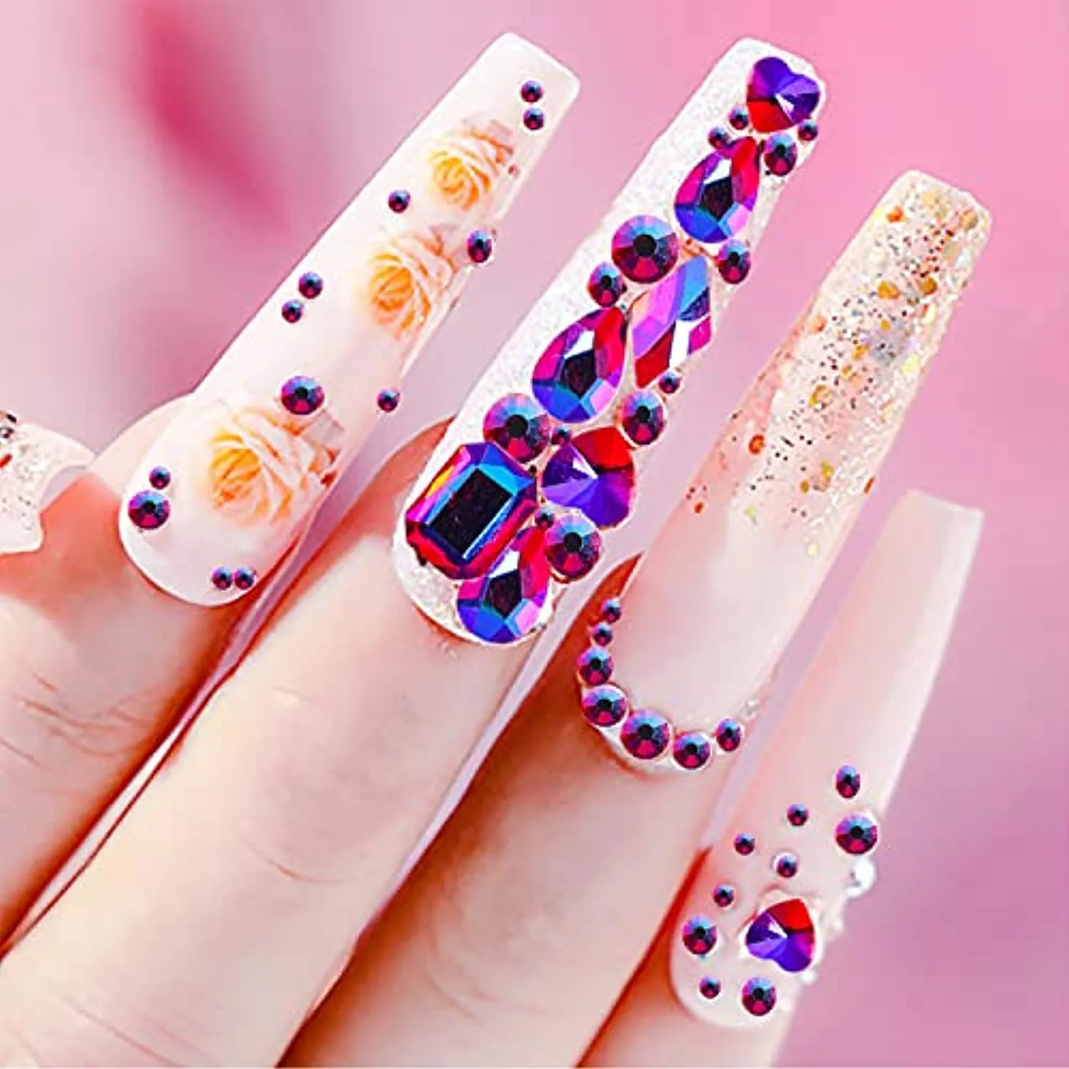 JERCLITY 2430pcs Flat Back Pink Nail Rhinestones Yellow Nail Rhinestones Black Nail Rhinestones for Nails Round Beads Crystals Gems Stones Multi Shapes Sizes Nail Rhinestones for Acrylic Nail Face Art