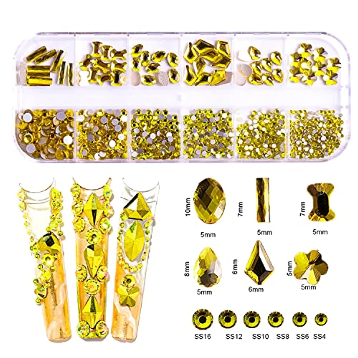 JERCLITY 2430pcs Flat Back Pink Nail Rhinestones Yellow Nail Rhinestones Black Nail Rhinestones for Nails Round Beads Crystals Gems Stones Multi Shapes Sizes Nail Rhinestones for Acrylic Nail Face Art
