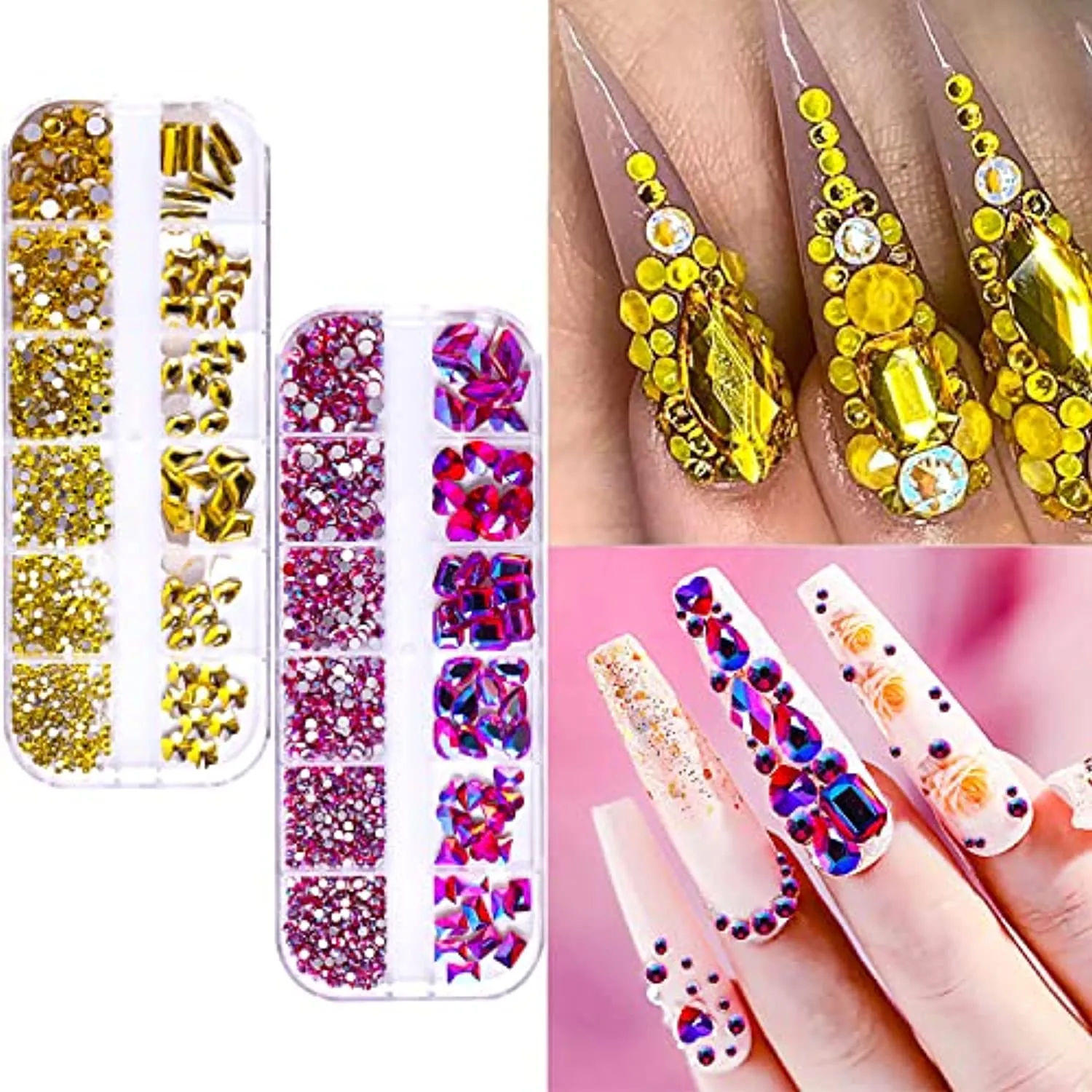 JERCLITY 2430pcs Flat Back Pink Nail Rhinestones Yellow Nail Rhinestones Black Nail Rhinestones for Nails Round Beads Crystals Gems Stones Multi Shapes Sizes Nail Rhinestones for Acrylic Nail Face Art