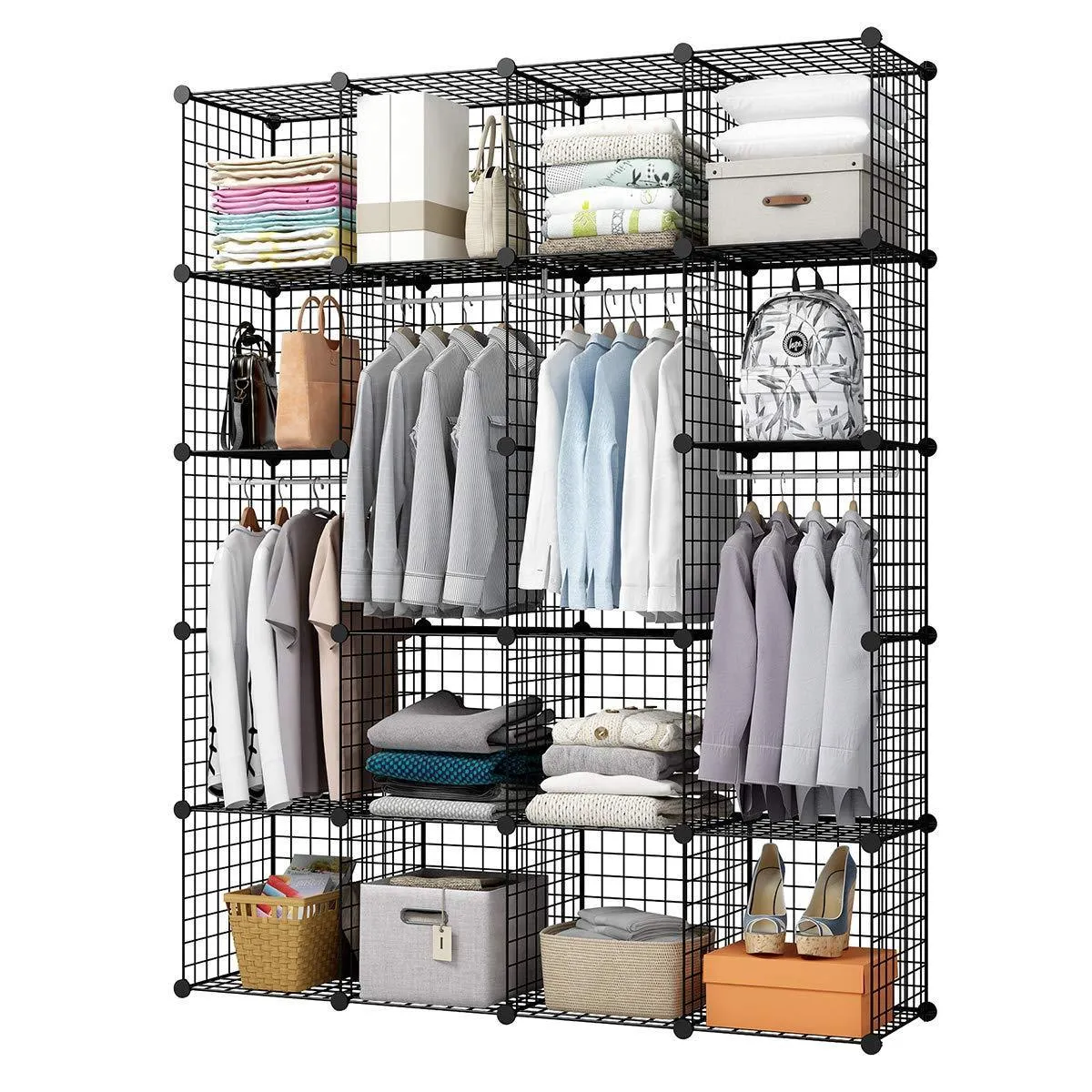 KOUSI Wire Storage Cubes Modular Metal Cubbies Organizer Customizable Metal Rack Cloths Closet Cubes Storage Shelves MultiFuncation Shelving Unit, 8 Cubes 4 Hanging Sections