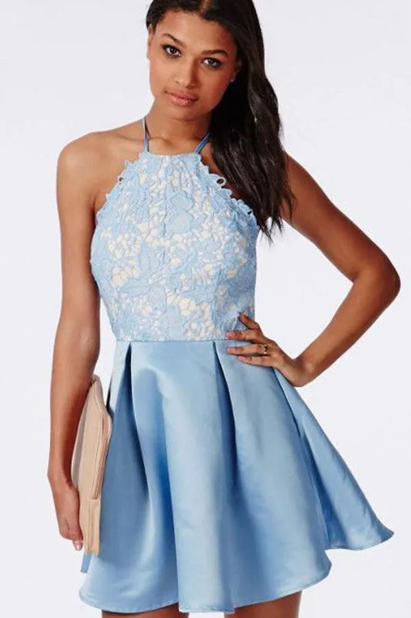 Light Blue Halter Short Prom Dress,Tie Back Appliques Cheap Homecoming Dress,Party Dress SH149