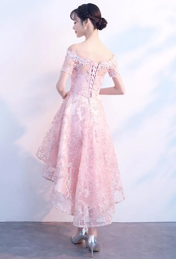 Light Pink Lace Off Shoulder High Low Party Dress, Pink Homecoming Dresses