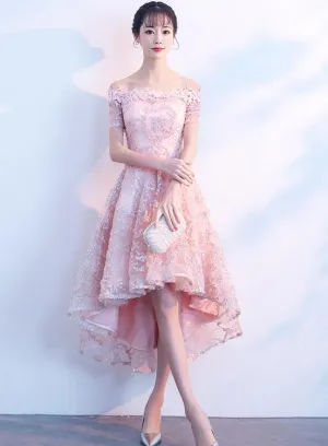 Light Pink Lace Off Shoulder High Low Party Dress, Pink Homecoming Dresses