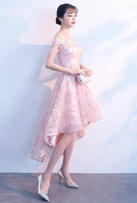 Light Pink Lace Off Shoulder High Low Party Dress, Pink Homecoming Dresses
