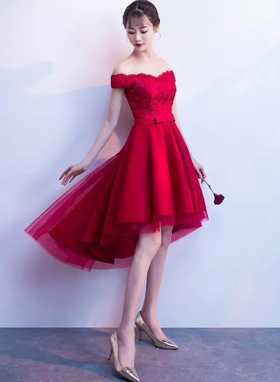 Lovely Red Off Shoulder Tulle High Low Party Dress, Red Homecoming Dress