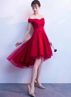 Lovely Red Off Shoulder Tulle High Low Party Dress, Red Homecoming Dress