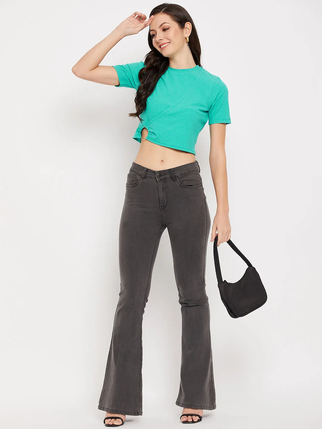 Madame Turqoise Crew Neckline Keyhole Detailed Crop Tshirt