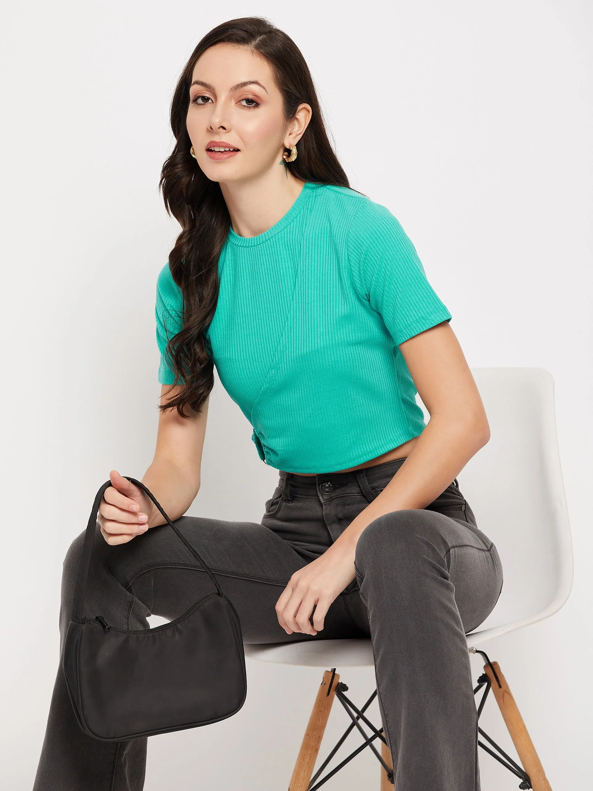 Madame Turqoise Crew Neckline Keyhole Detailed Crop Tshirt