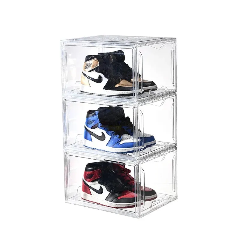 Magnetic Shoe Storage Box Drop Side/Front Sneaker Case Stackable Container XL - Crystal Clear