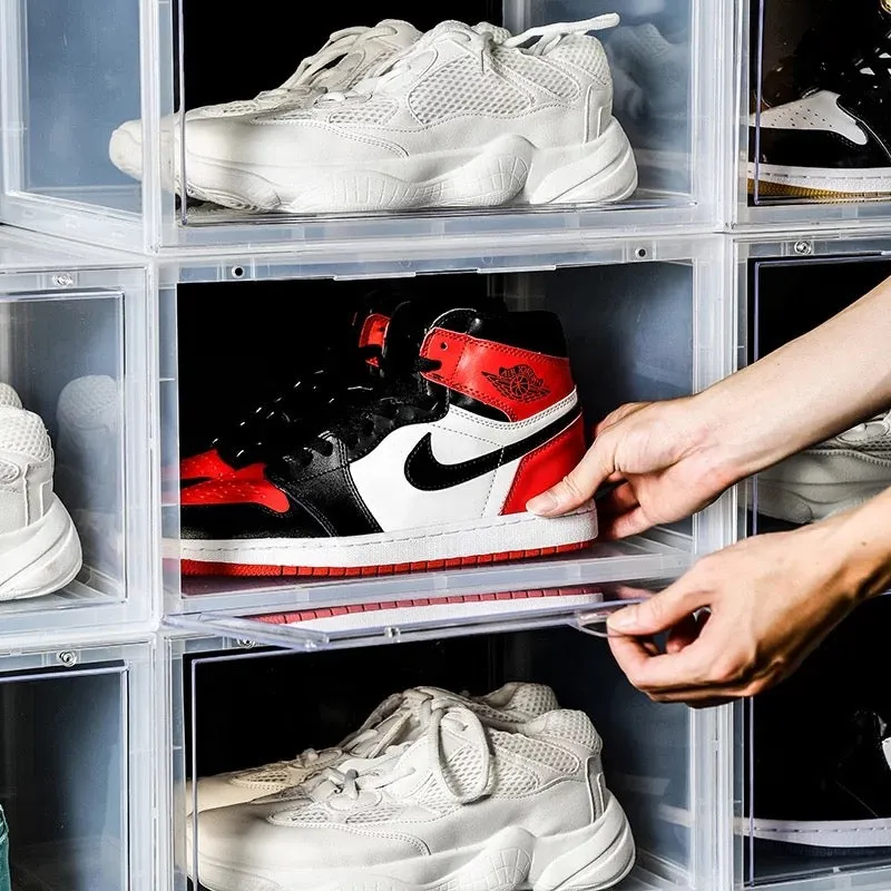 Magnetic Shoe Storage Box Drop Side/Front Sneaker Case Stackable Container XL - Crystal Clear