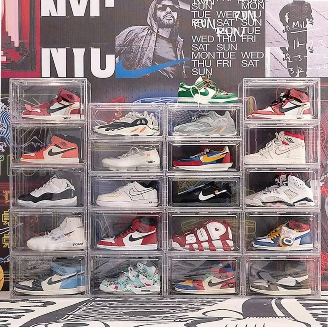 Magnetic Shoe Storage Box Drop Side/Front Sneaker Case Stackable Container XL - Crystal Clear