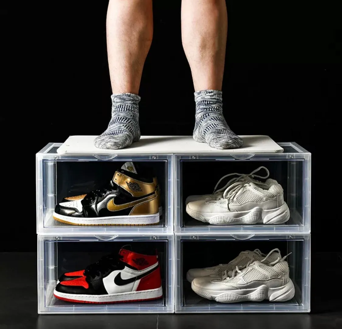 Magnetic Shoe Storage Box Drop Side/Front Sneaker Case Stackable Container XL - Crystal Clear