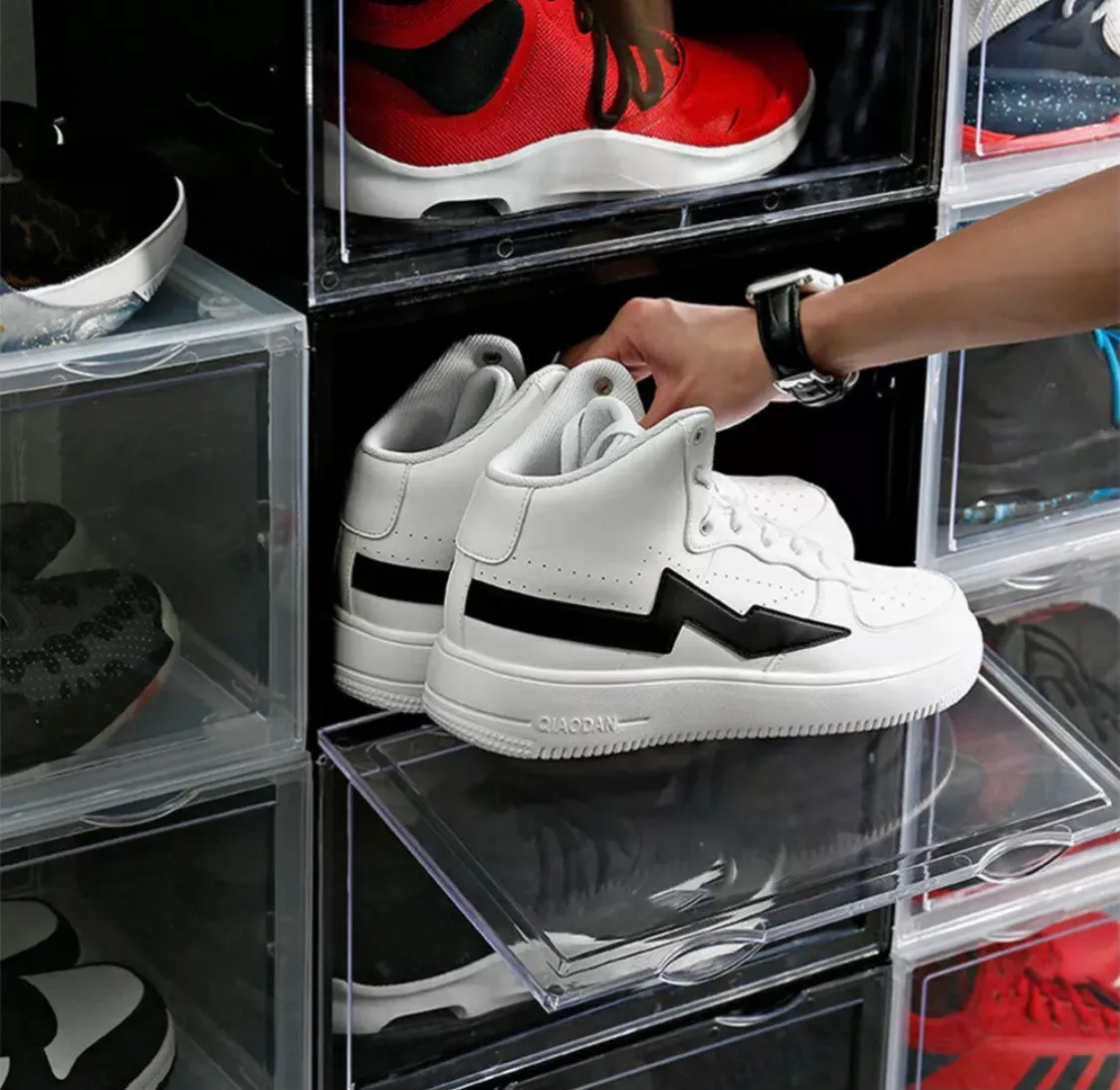 Magnetic Shoe Storage Box Drop Side/Front Sneaker Case Stackable Container XL - Crystal Clear