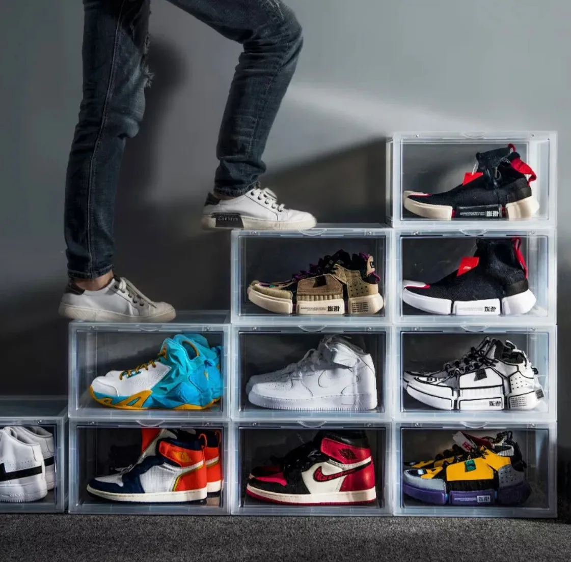 Magnetic Shoe Storage Box Drop Side/Front Sneaker Case Stackable Container XL - Crystal Clear