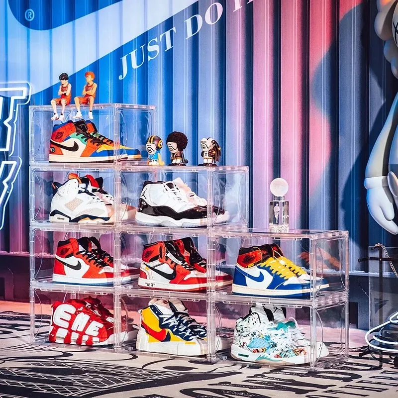 Magnetic Shoe Storage Box Drop Side/Front Sneaker Case Stackable Container XL - Crystal Clear