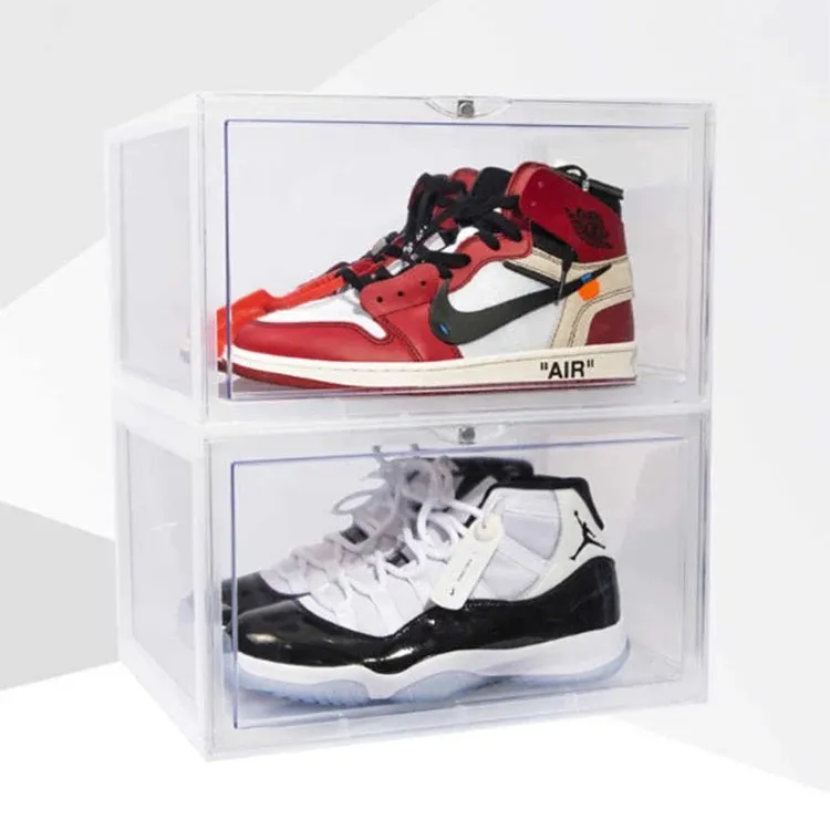 Magnetic Shoe Storage Box Drop Side/Front Sneaker Case Stackable Container XL - Crystal Clear