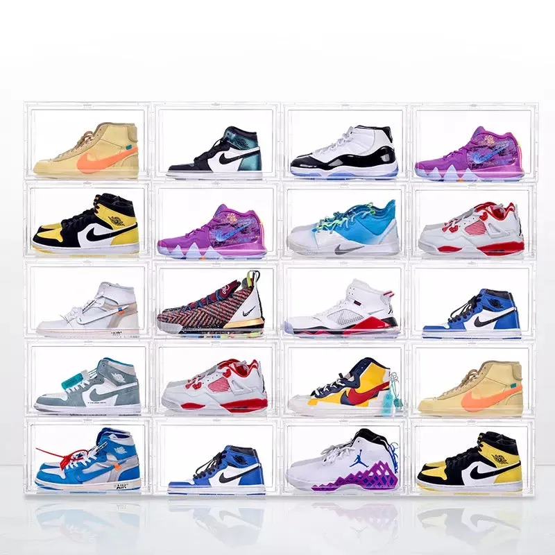 Magnetic Shoe Storage Box Drop Side/Front Sneaker Case Stackable Container XL - Crystal Clear