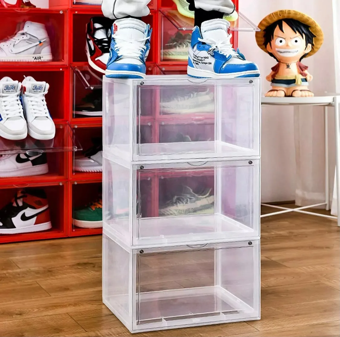 Magnetic Shoe Storage Box Drop Side/Front Sneaker Case Stackable Container XL - Crystal Clear