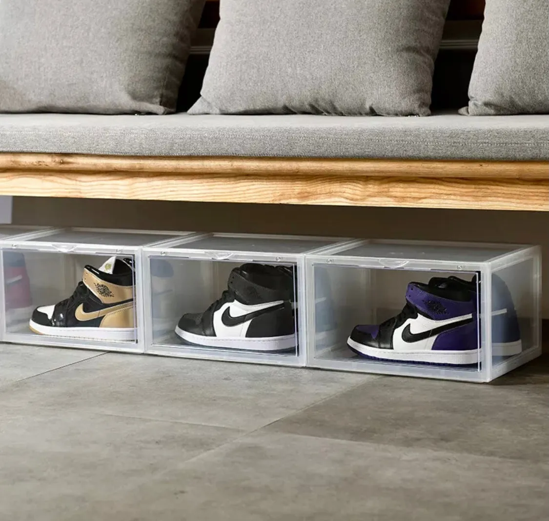 Magnetic Shoe Storage Box Drop Side/Front Sneaker Case Stackable Container XL - Crystal Clear