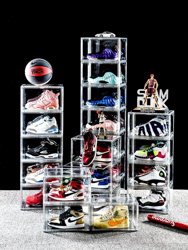 Magnetic Shoe Storage Box Drop Side/Front Sneaker Case Stackable Container XL - Crystal Clear