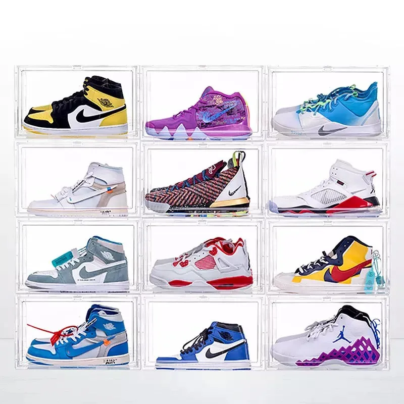 Magnetic Shoe Storage Box Drop Side/Front Sneaker Case Stackable Container XL - Crystal Clear