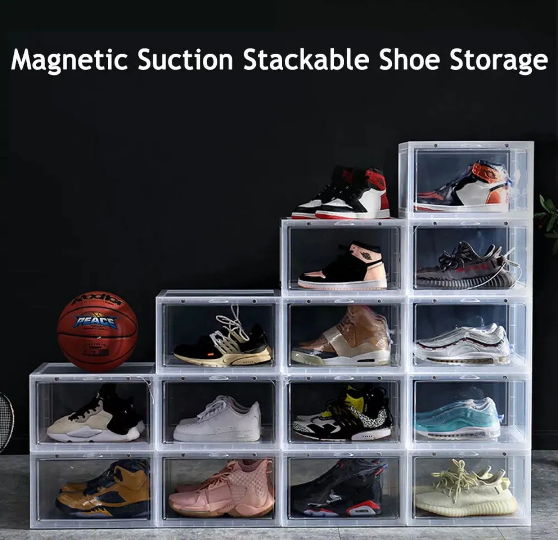 Magnetic Shoe Storage Box Drop Side/Front Sneaker Case Stackable Container XL - Crystal Clear
