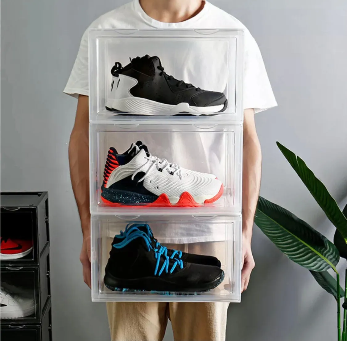 Magnetic Shoe Storage Box Drop Side/Front Sneaker Case Stackable Container XL - Crystal Clear