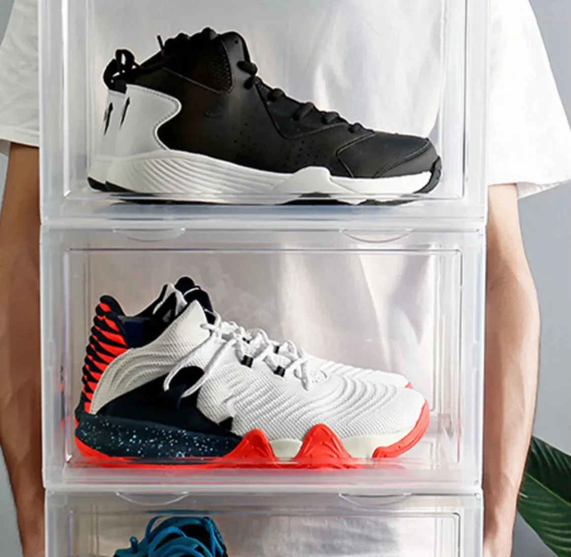 Magnetic Shoe Storage Box Drop Side/Front Sneaker Case Stackable Container XL - Crystal Clear