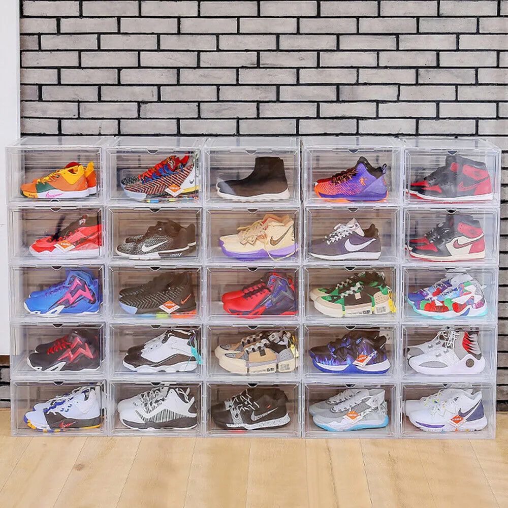 Magnetic Shoe Storage Box Drop Side/Front Sneaker Case Stackable Container XL - Crystal Clear