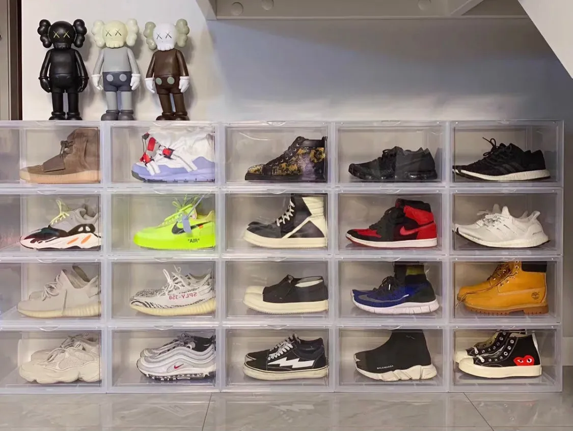 Magnetic Shoe Storage Box Drop Side/Front Sneaker Case Stackable Container XL - Crystal Clear