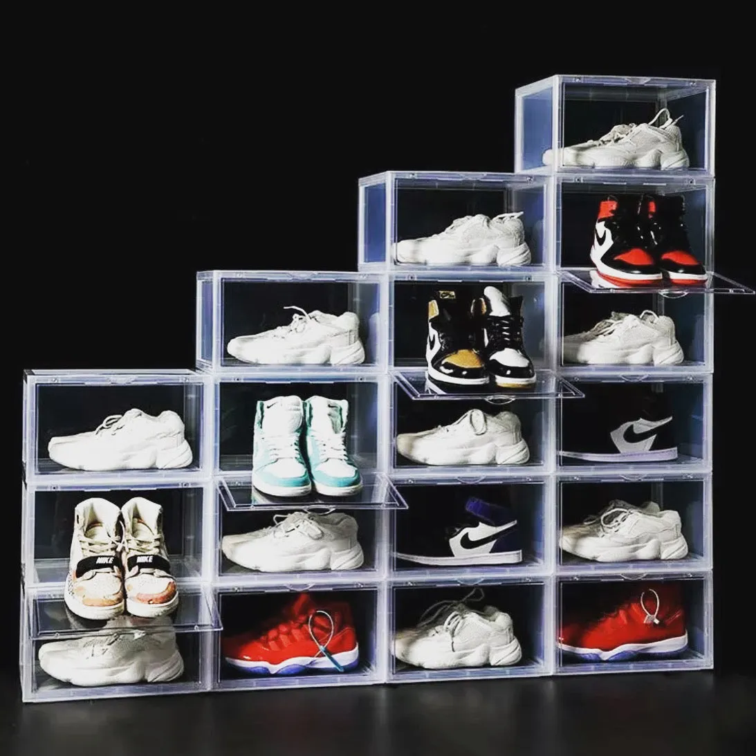 Magnetic Shoe Storage Box Drop Side/Front Sneaker Case Stackable Container XL - Crystal Clear