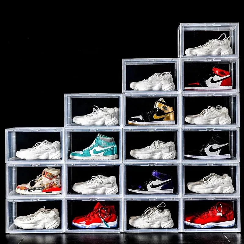 Magnetic Shoe Storage Box Drop Side/Front Sneaker Case Stackable Container XL - Crystal Clear