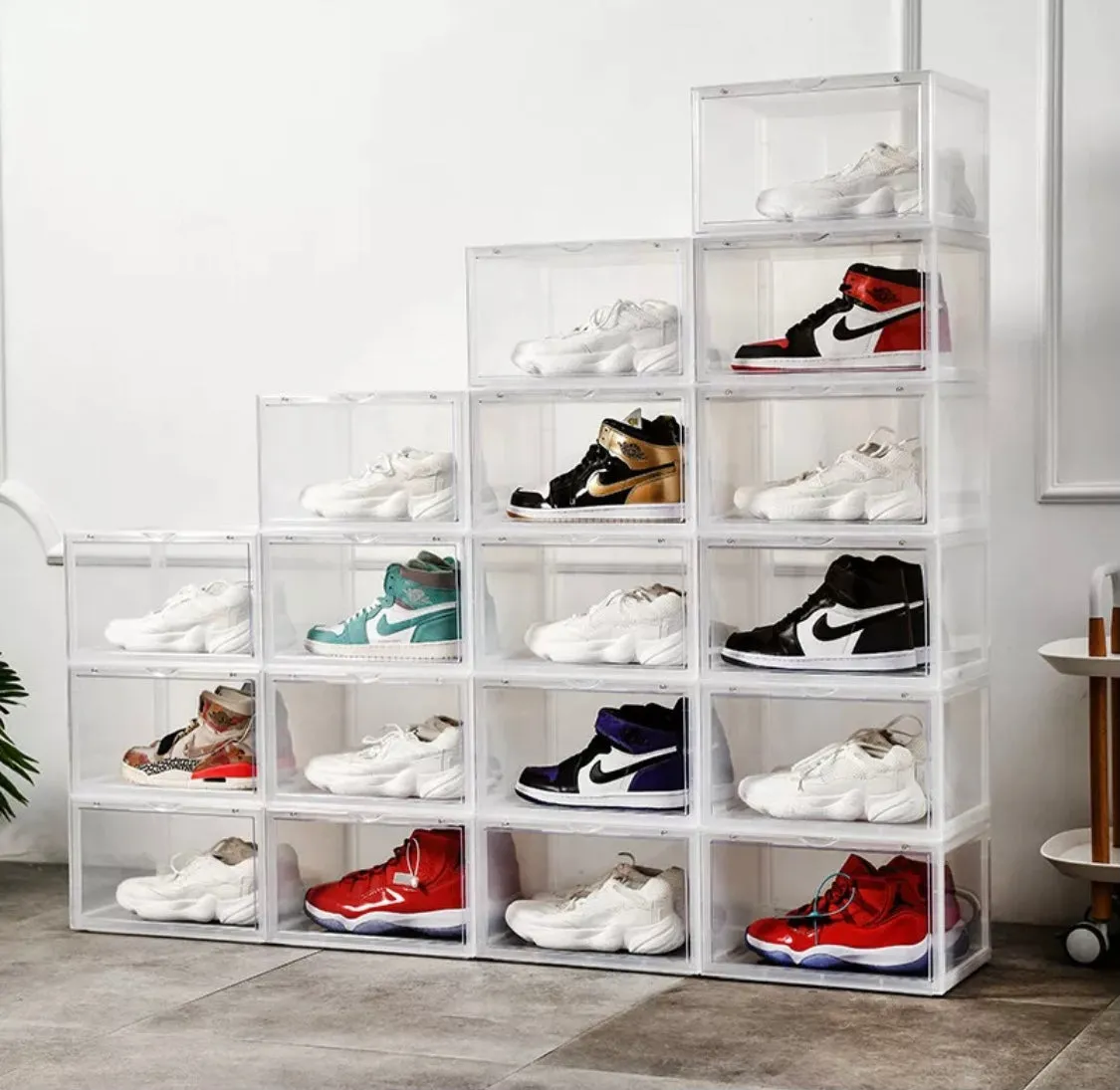 Magnetic Shoe Storage Box Drop Side/Front Sneaker Case Stackable Container XL - Crystal Clear
