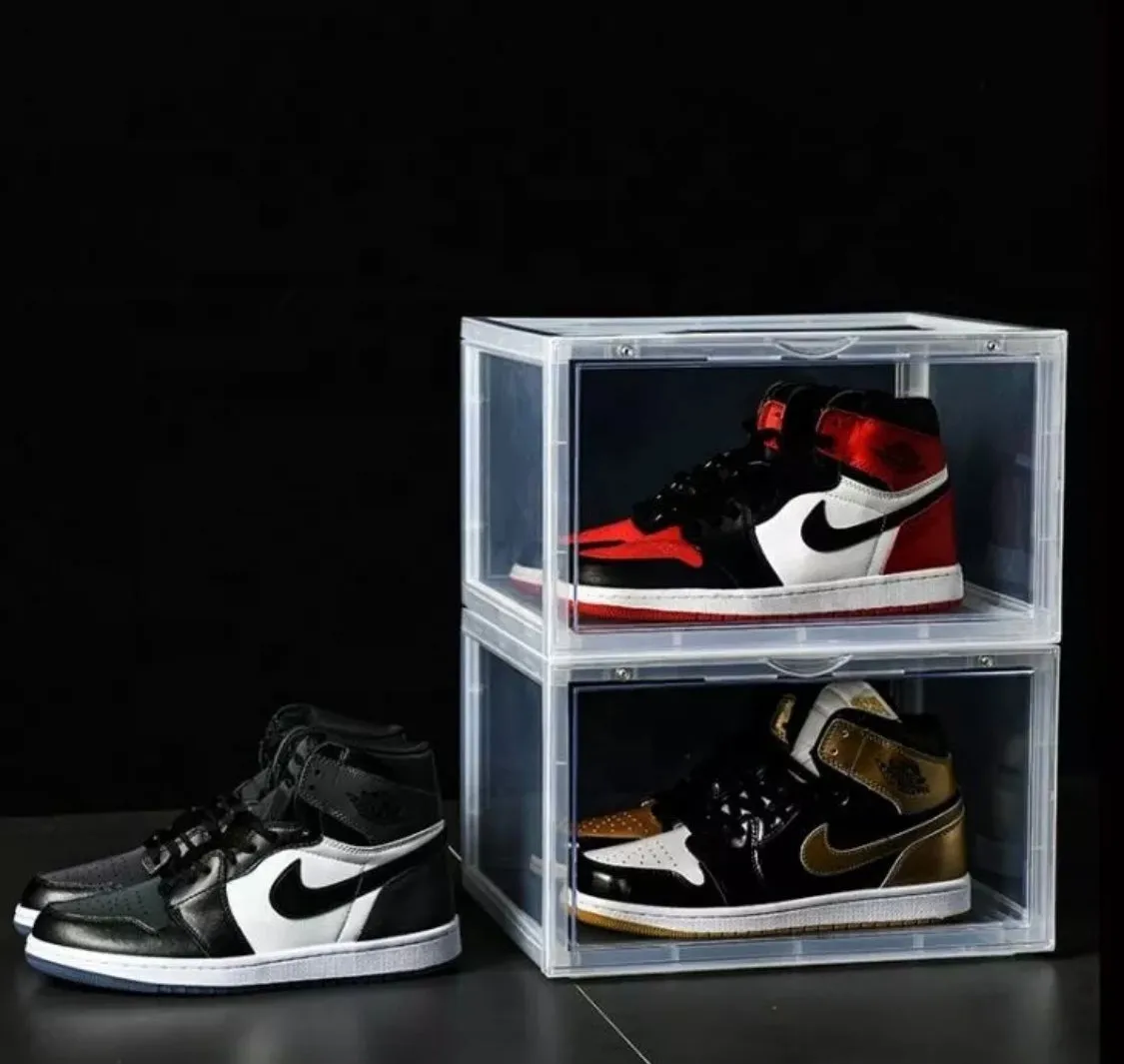 Magnetic Shoe Storage Box Drop Side/Front Sneaker Case Stackable Container XL - Crystal Clear