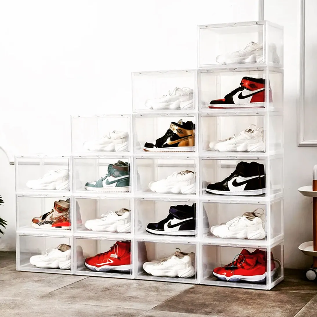 Magnetic Shoe Storage Box Drop Side/Front Sneaker Case Stackable Container XL - Crystal Clear
