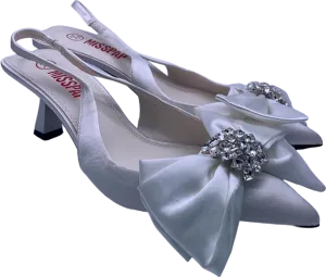 Misspap White Satin Slingback Heeled Shoes with Bow and Jewel Detail UK 4