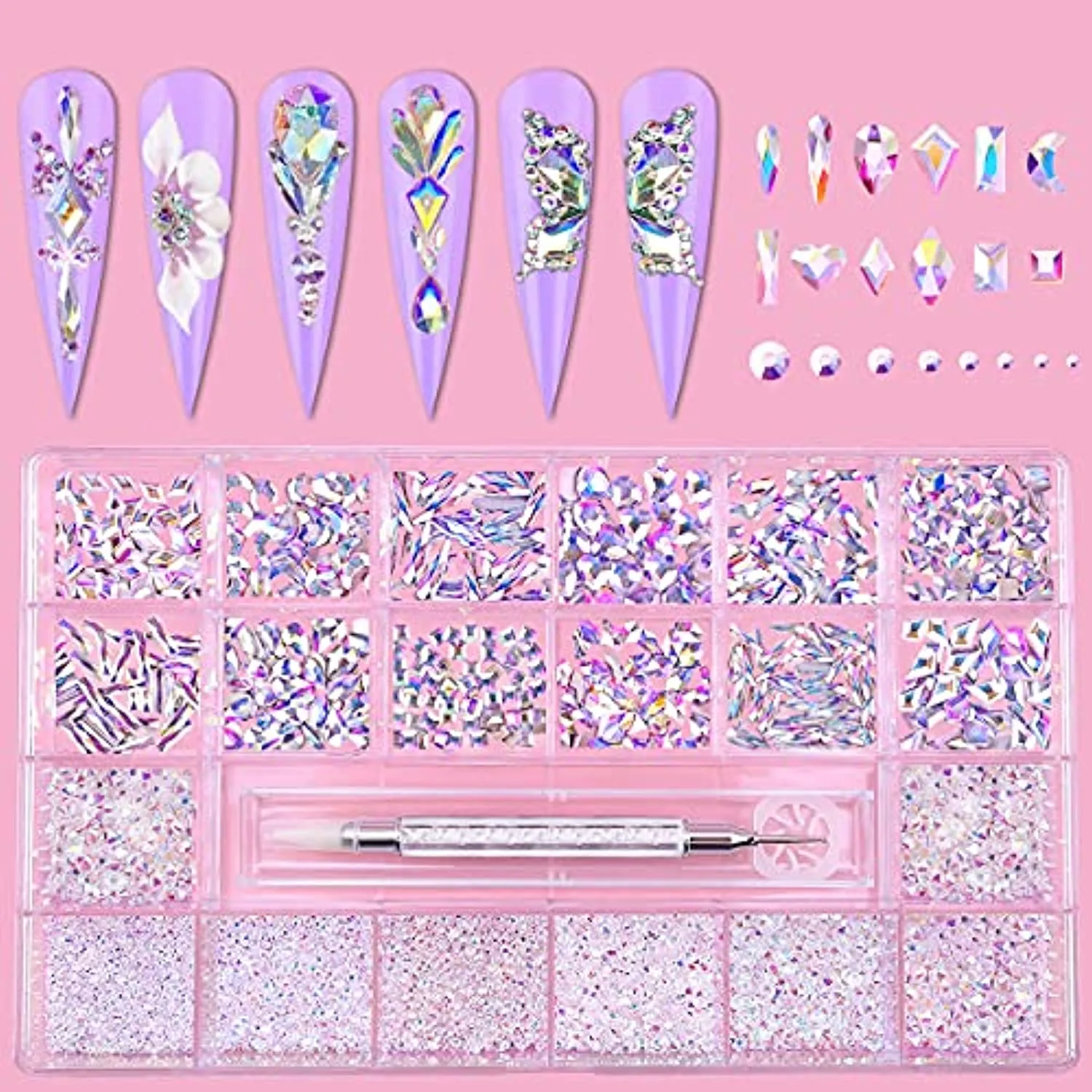 Nail Art AB Crystals Rhinestones Set - 3100pcs lridescent Nail Gems Diamonds Flatback Jewels for Nails Design, 12 Types of 600 Special-Shaped Diamonds   2500 Flat-Bottomed Rhinestones Kit