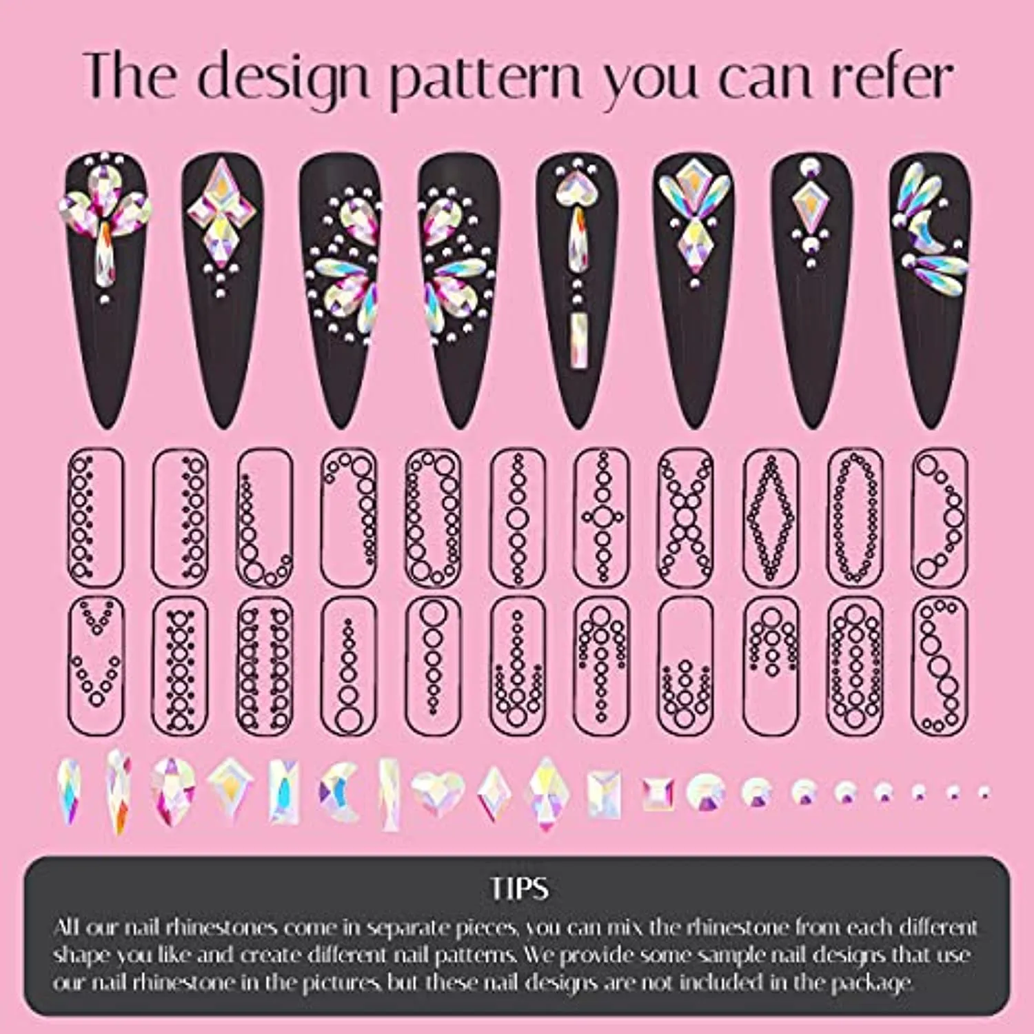 Nail Art AB Crystals Rhinestones Set - 3100pcs lridescent Nail Gems Diamonds Flatback Jewels for Nails Design, 12 Types of 600 Special-Shaped Diamonds   2500 Flat-Bottomed Rhinestones Kit