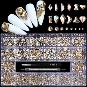 Nail Art AB Crystals Rhinestones Set - 3100pcs lridescent Nail Gems Diamonds Flatback Jewels for Nails Design, 12 Types of 600 Special-Shaped Diamonds   2500 Flat-Bottomed Rhinestones Kit